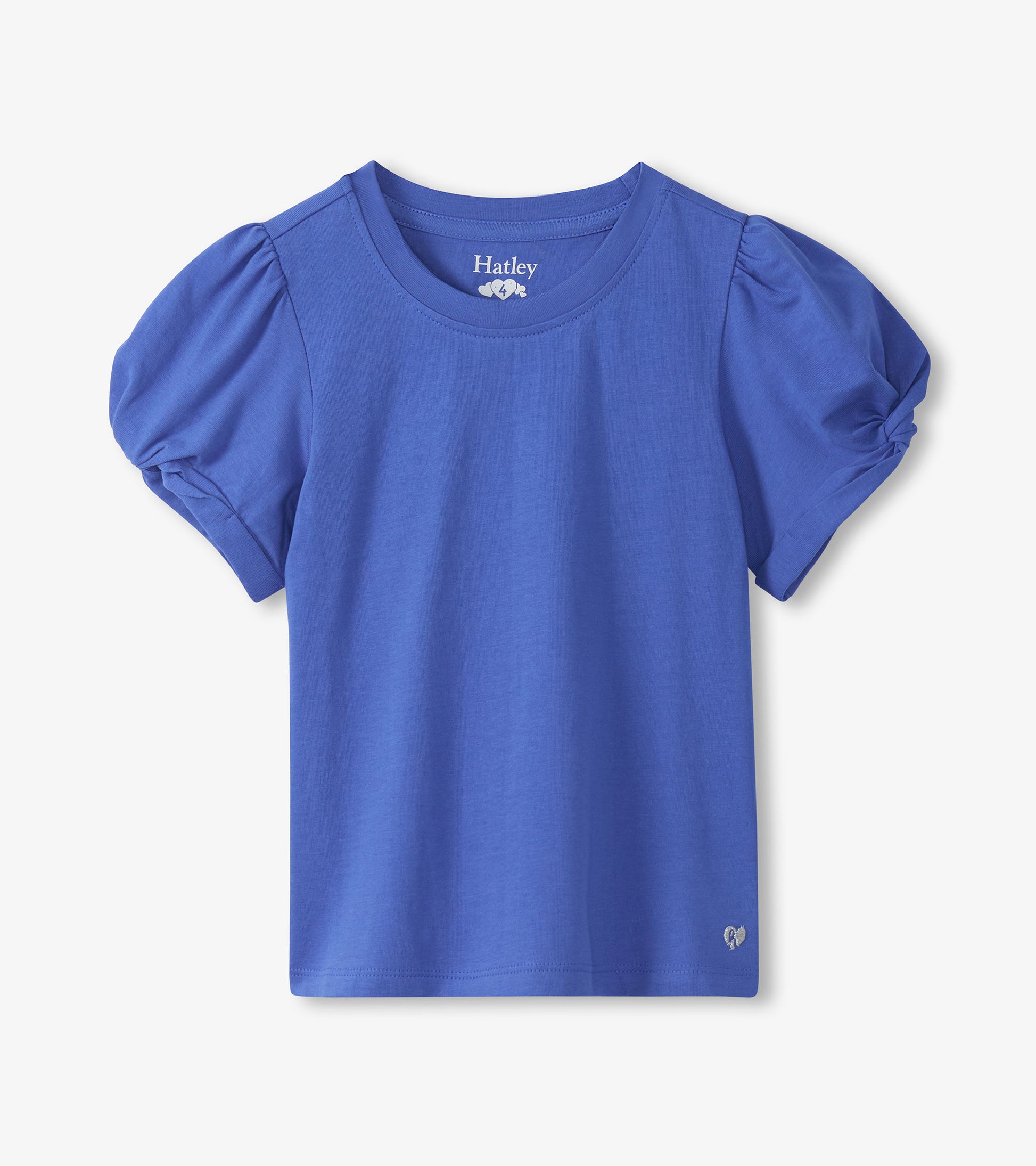 Blue girls T-shirt with puff sleeves and crew neck, front view