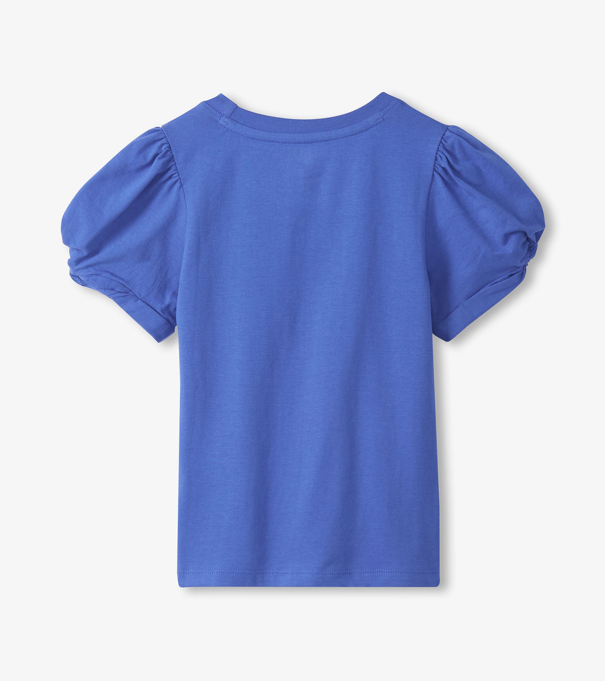 Blue short-sleeve girls T-shirt with puffed twisted sleeves, back view