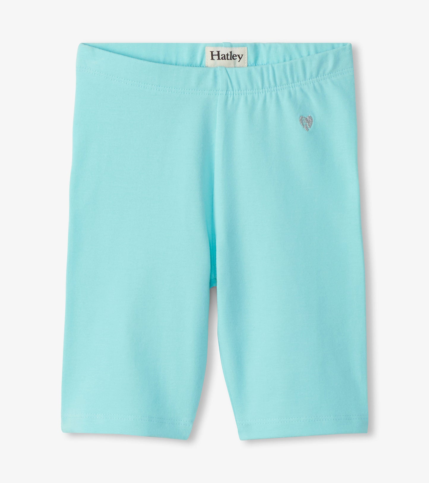 Light aqua girls bike shorts with a small heart detail, front view
