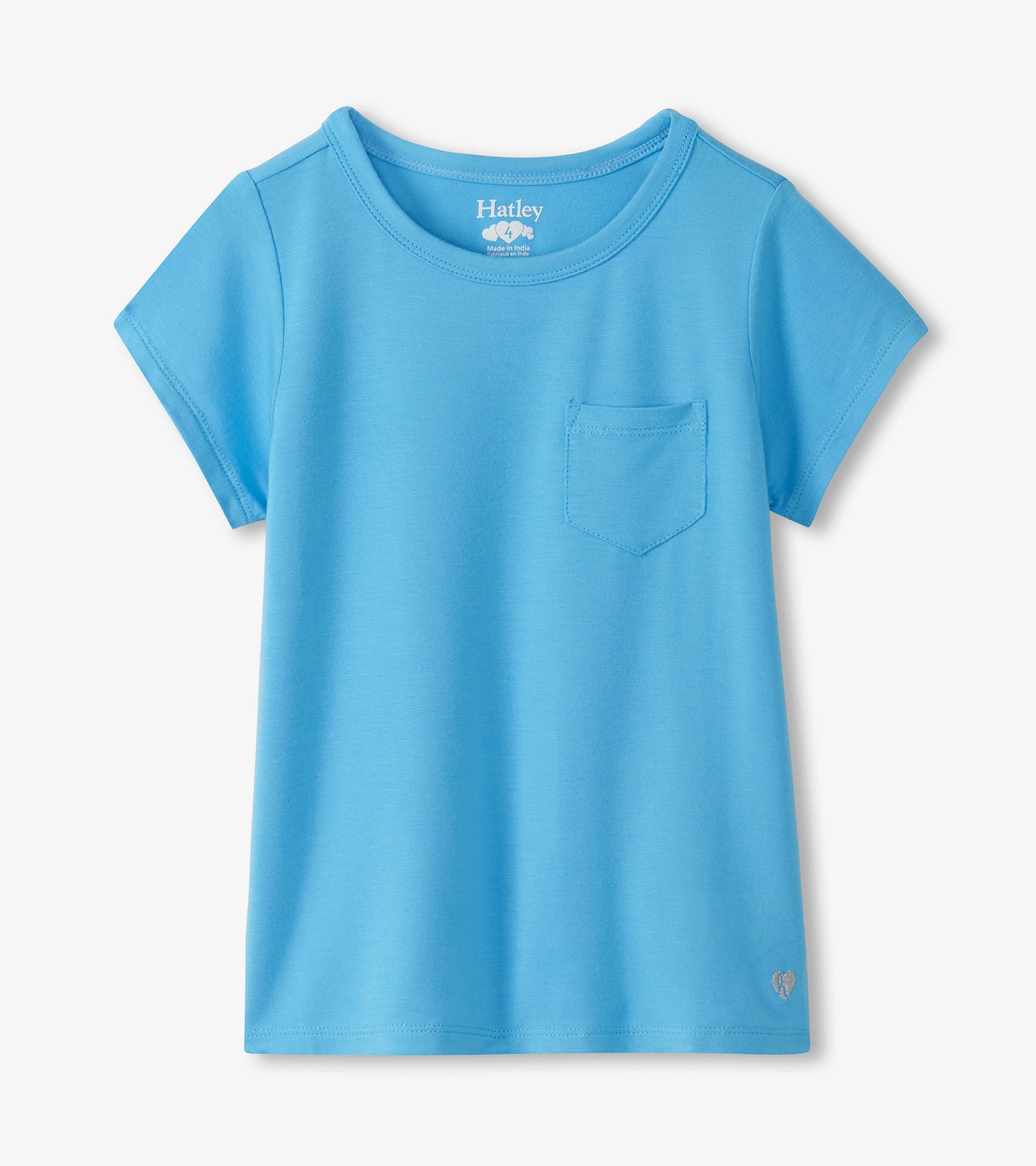Girls baby blue pocket T-shirt with short sleeves and crew neck, front view