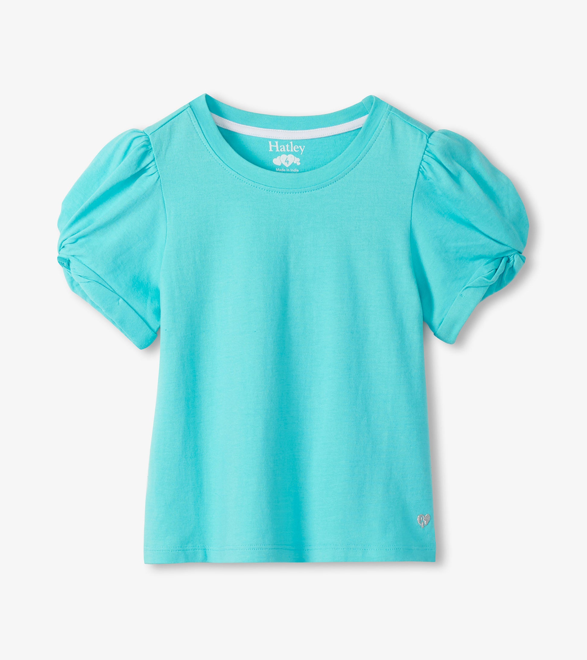 Girls turquoise short-sleeve T-shirt with puffed twisted sleeves and crew neck, front view