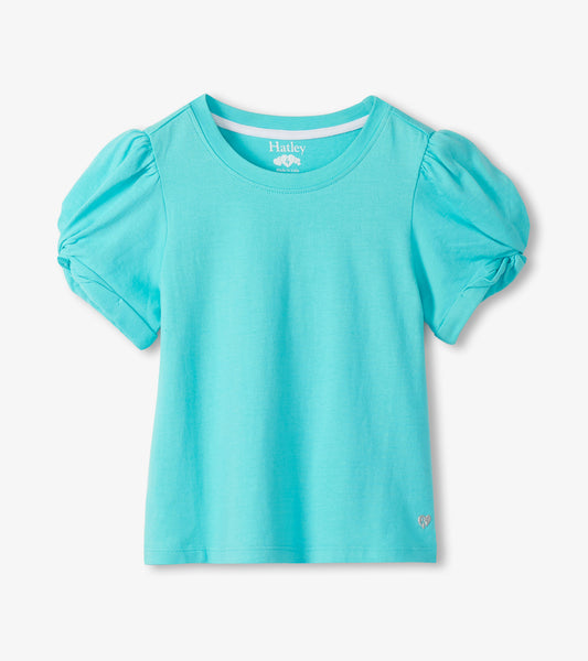 Girls turquoise short-sleeve T-shirt with puffed twisted sleeves and crew neck, front view