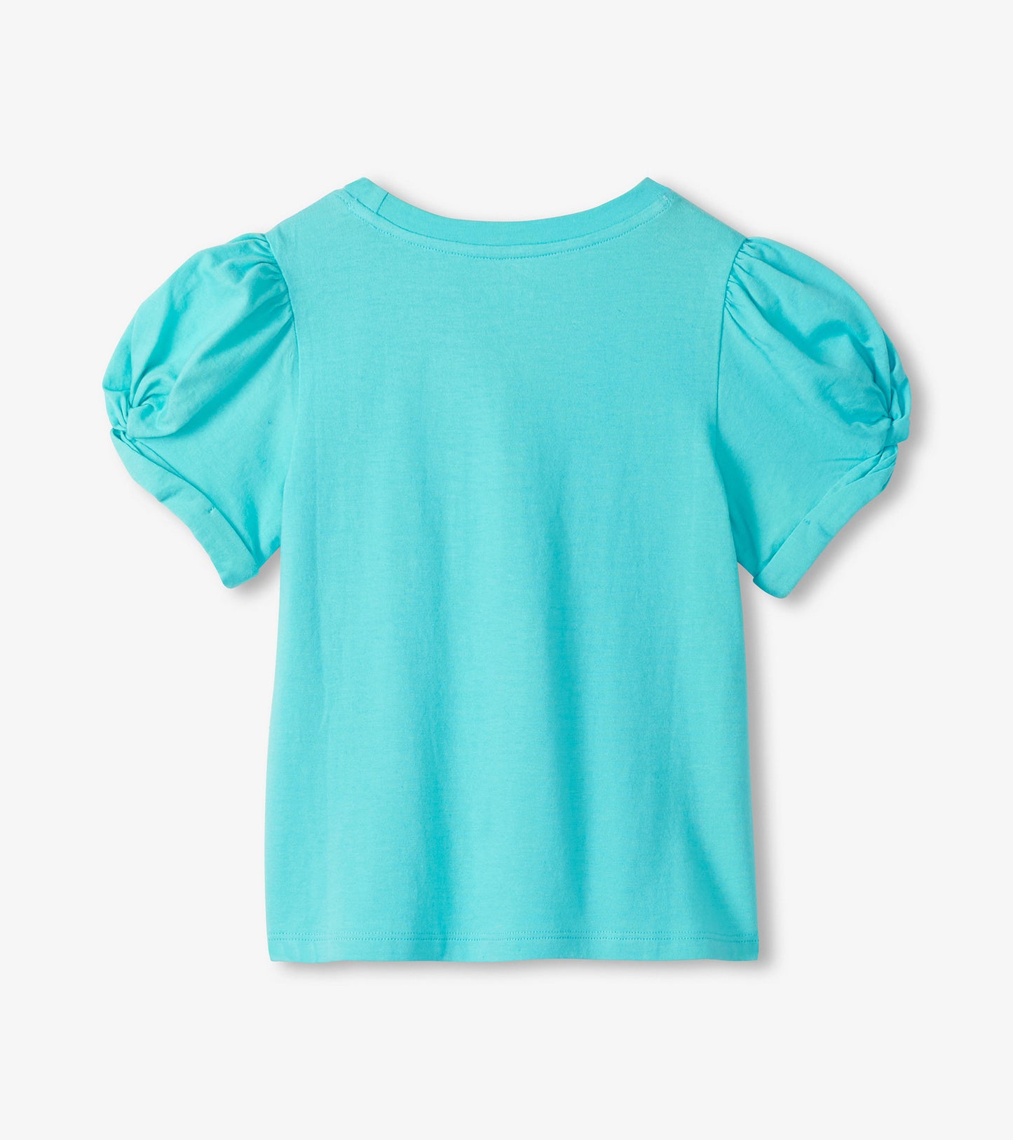 Turquoise girls T-shirt with puff sleeves, shown from the back