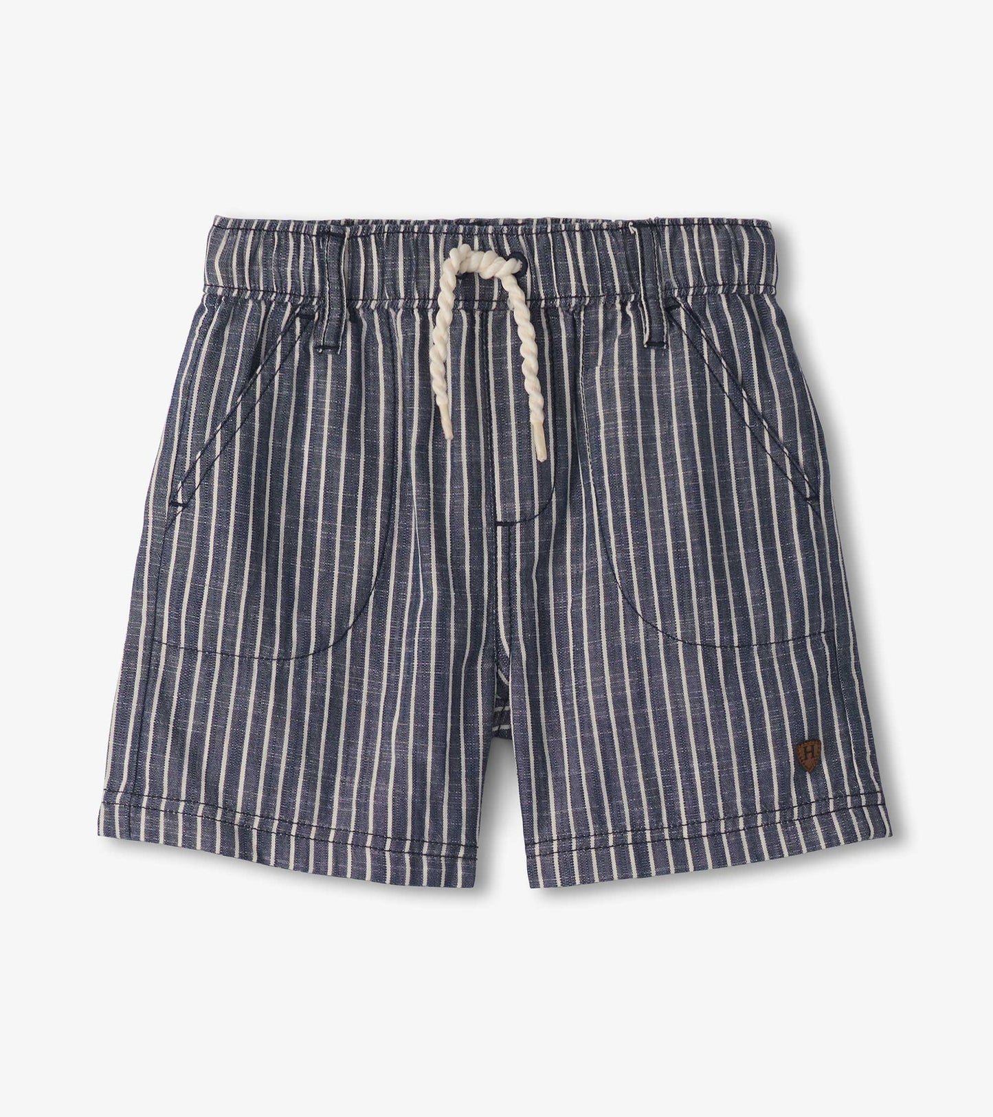 Blue and white striped woven boys shorts with elastic waist, drawstring, and front pockets