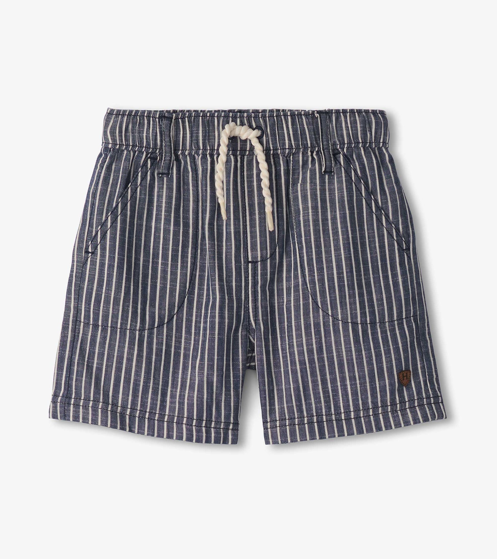 Blue and white striped woven boys shorts with elastic waist, drawstring, and front pockets