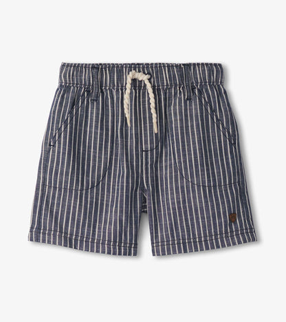 Blue and white striped woven boys shorts with elastic waist, drawstring, and front pockets