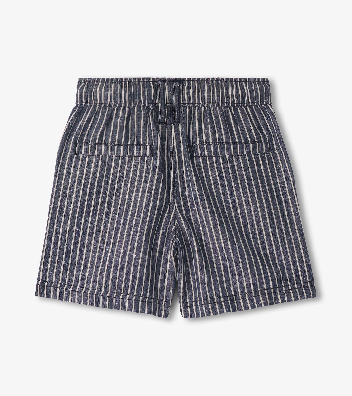 Blue and white striped woven boys shorts with elastic waistband and back pockets, front view