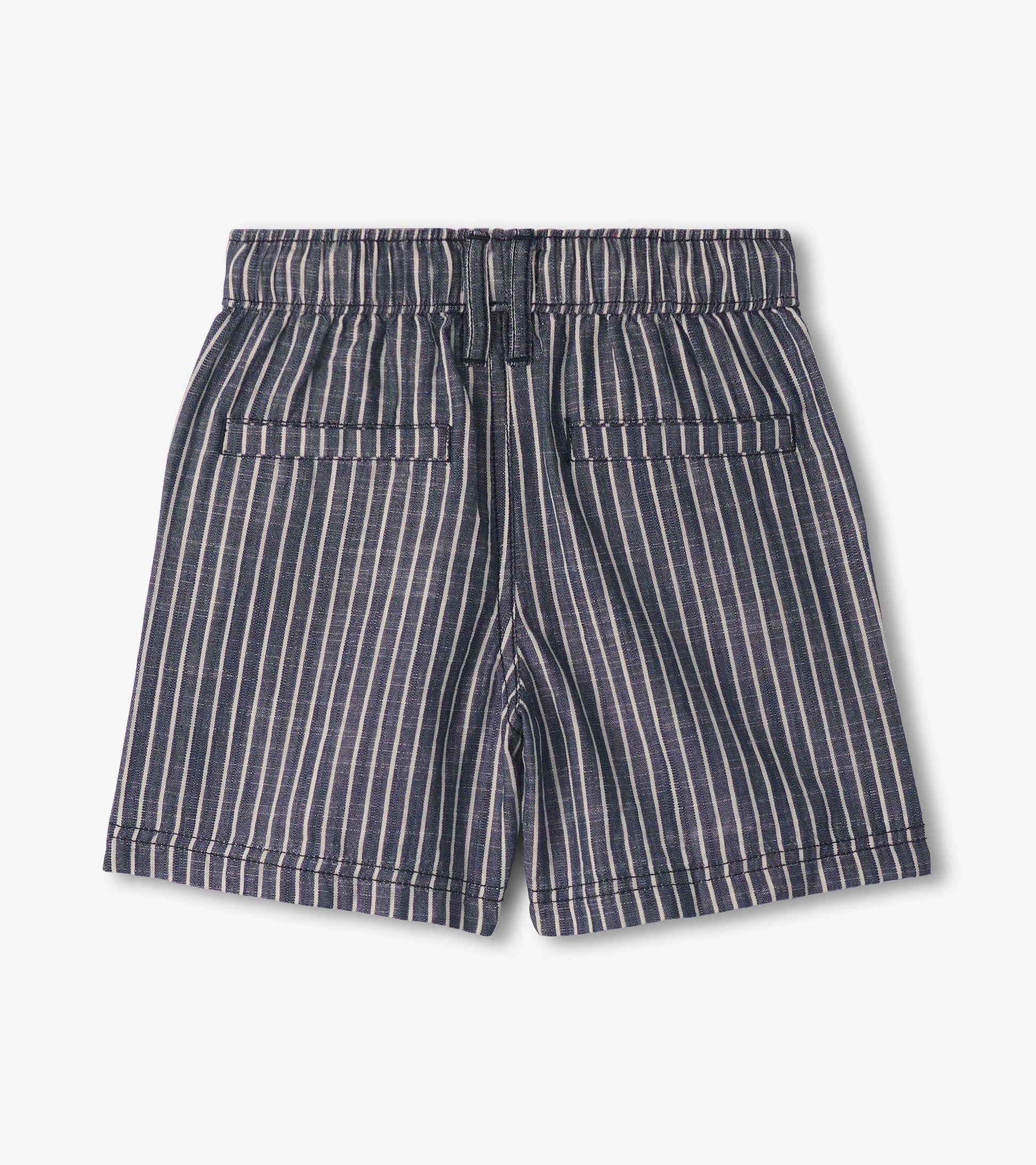 Blue and white striped woven boys shorts with elastic waistband and back pockets, front view
