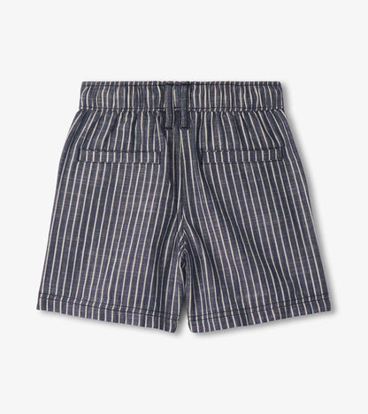 Blue and white striped woven boys shorts with elastic waistband and back pockets, front view