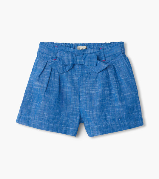 Blue chambray girls shorts with paper bag waist and front bow detail