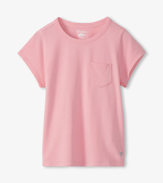 Girls pink short-sleeve T-shirt with crew neck and chest pocket, front view