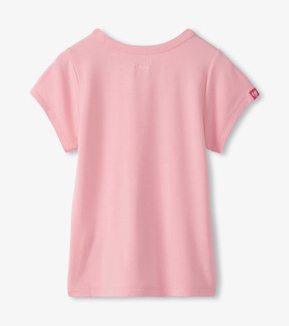 Girls light pink short-sleeve T-shirt with crew neck, back view, plain solid color