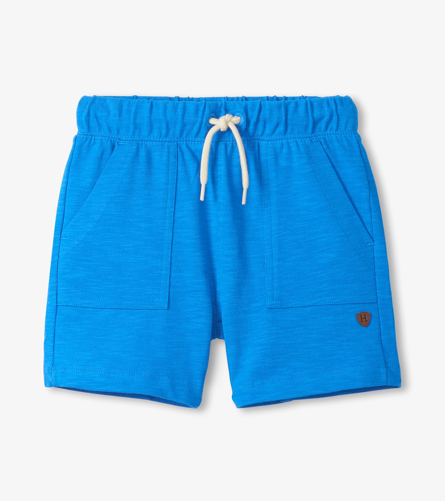French blue boys’ shorts with elastic waistband, white drawstring, and front pockets, front view