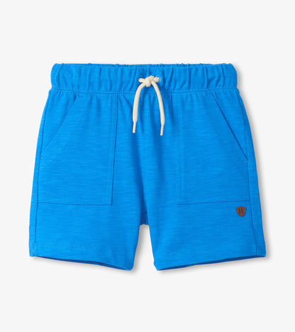 French blue boys’ shorts with elastic waistband, white drawstring, and front pockets, front view