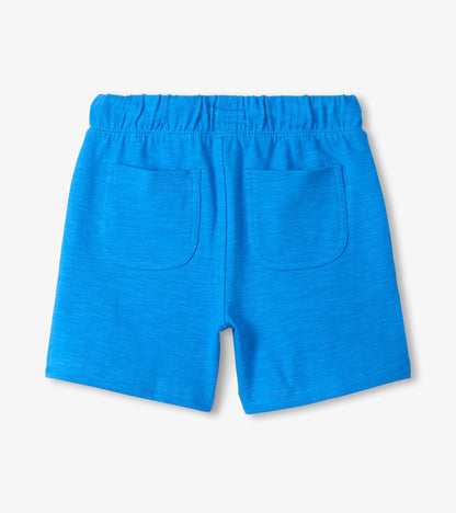 Blue boys’ shorts with elastic waistband and back patch pockets, back view