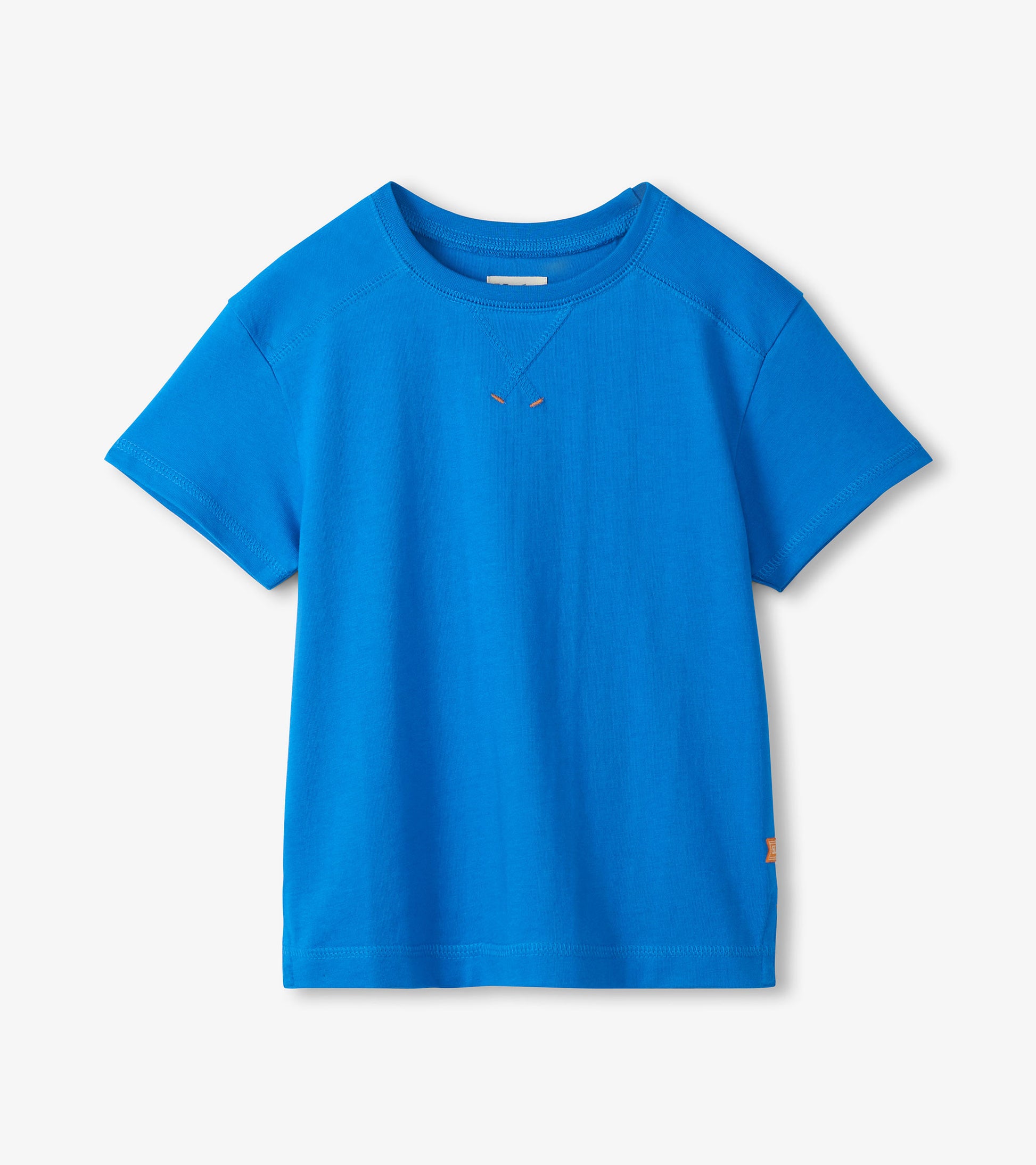 French blue short-sleeve T-shirt with drop shoulders and crew neck, front view