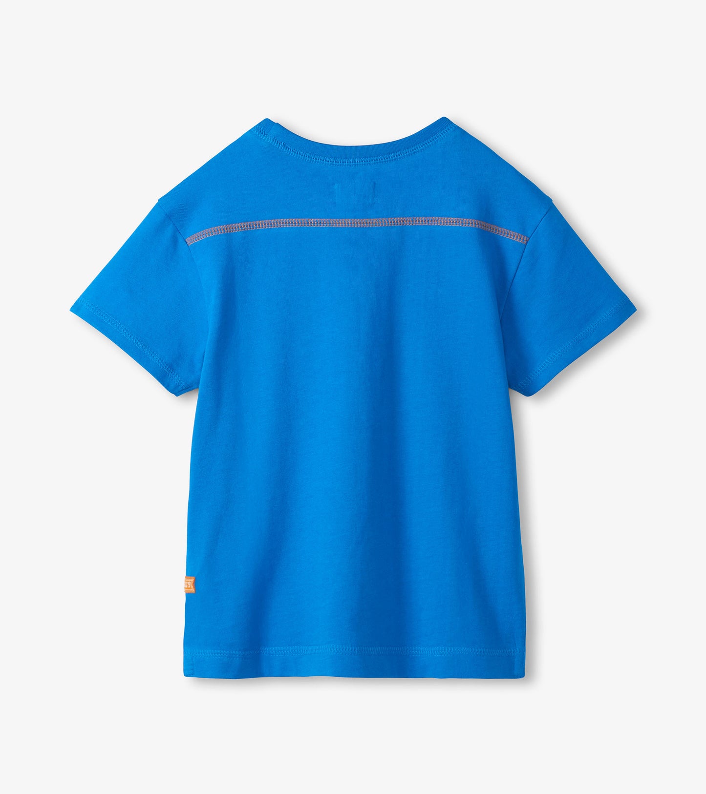 French blue short-sleeve T-shirt with drop shoulders and contrast stitching, back view