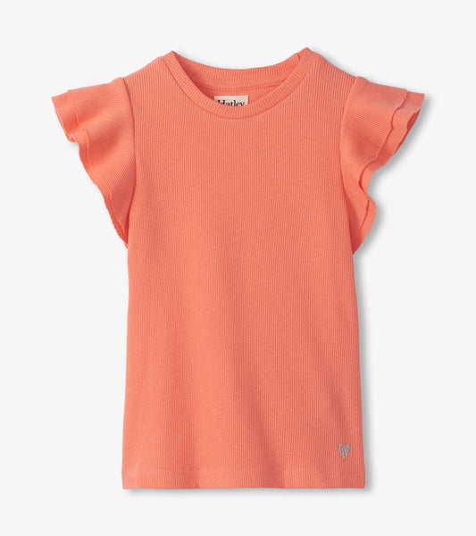 Coral ribbed girls tank top with ruffle sleeves and crew neck, front view