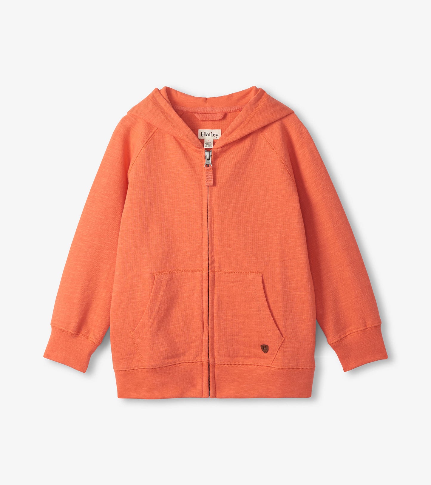 Orange boys' full-zip hoodie with hood, long sleeves, and front kangaroo pockets, front view.