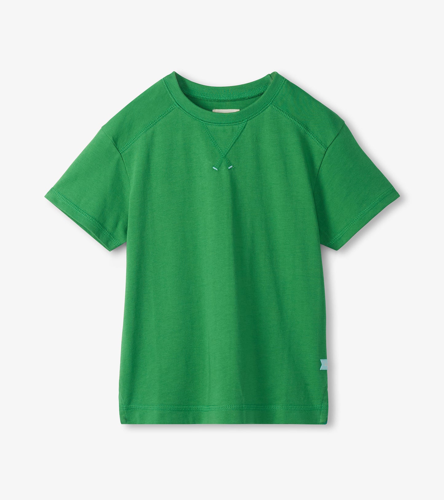 Green short-sleeve crewneck T-shirt with drop shoulders, front view, plain knit fabric