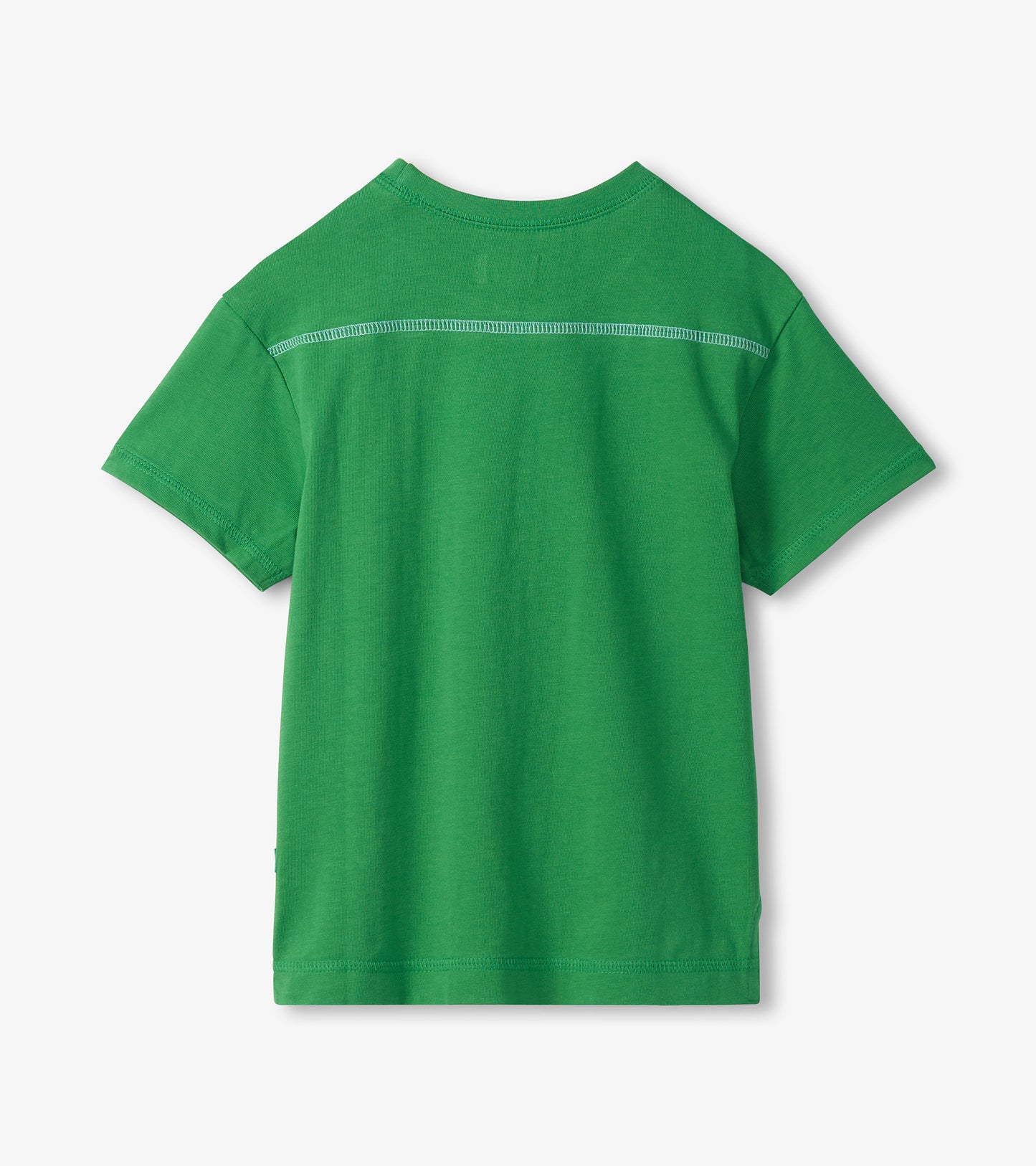 Green short-sleeve crewneck T-shirt with drop shoulders, back view, plain knit fabric