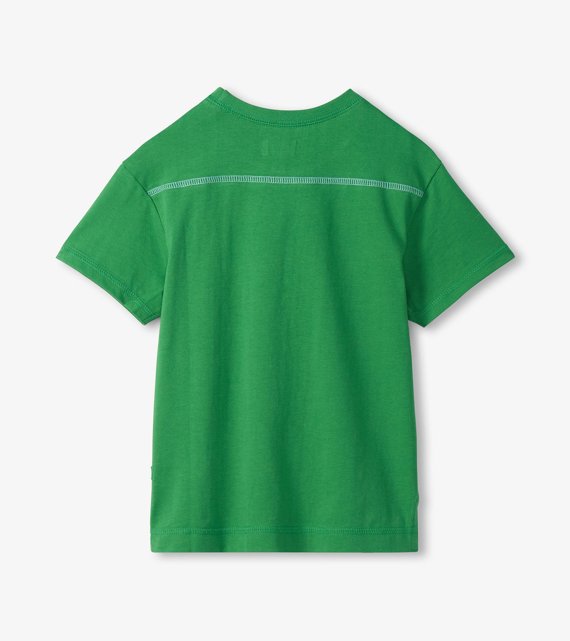 Green short-sleeve crewneck T-shirt with drop shoulders, back view, plain knit fabric