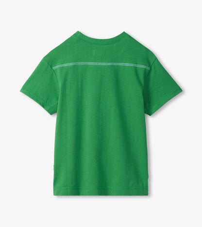 Green short-sleeve crewneck T-shirt with drop shoulders, back view, plain knit fabric