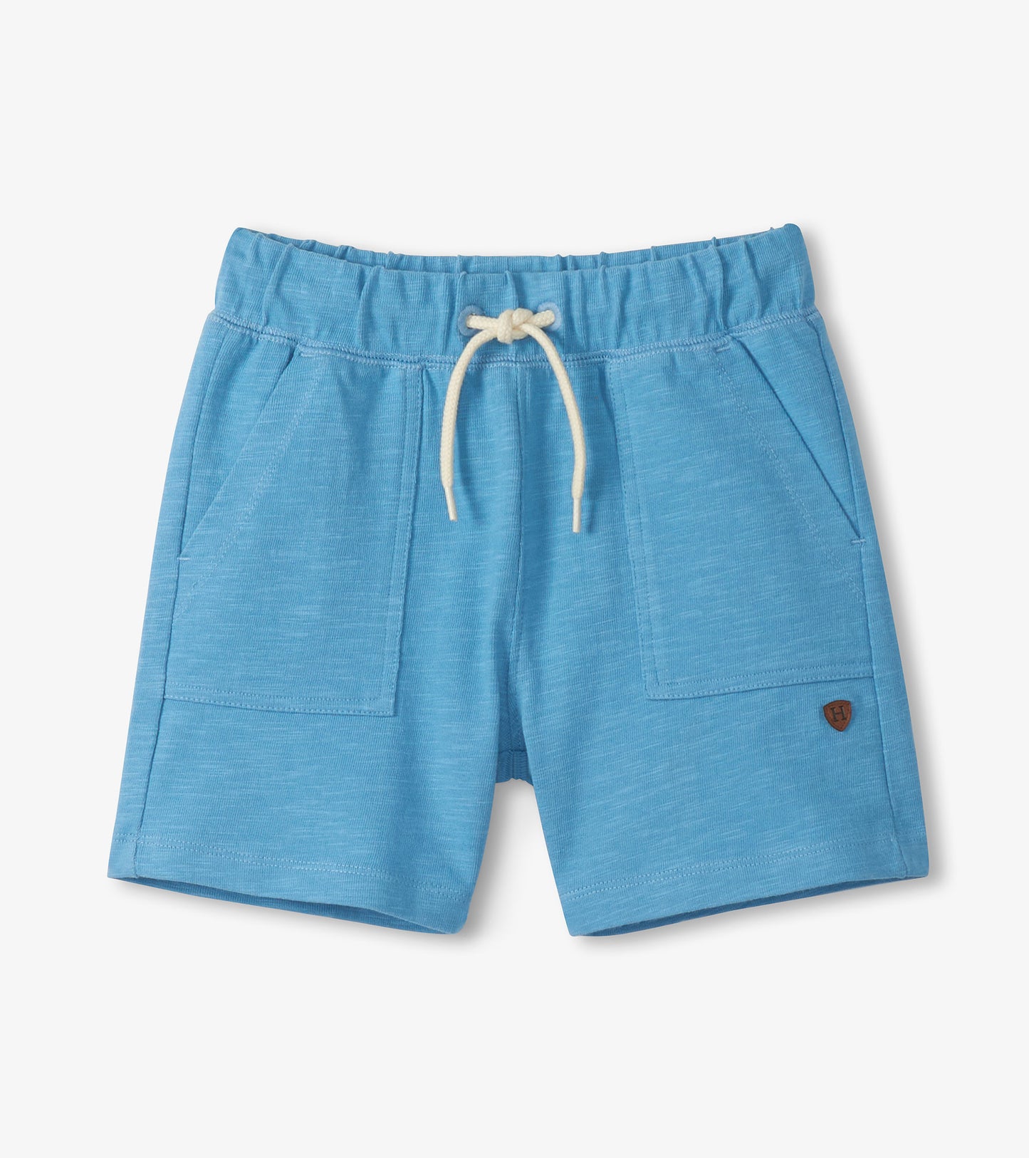 Light blue boys' shorts with elastic waist, white drawstring, and front pockets, front view