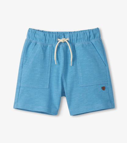 Light blue boys' shorts with elastic waist, white drawstring, and front pockets, front view