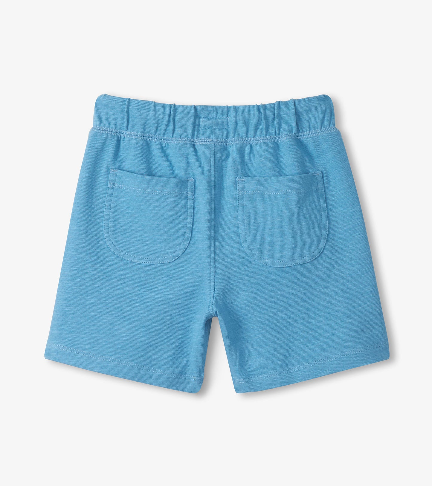 Light blue boys' shorts with elastic waistband and back patch pockets, front view