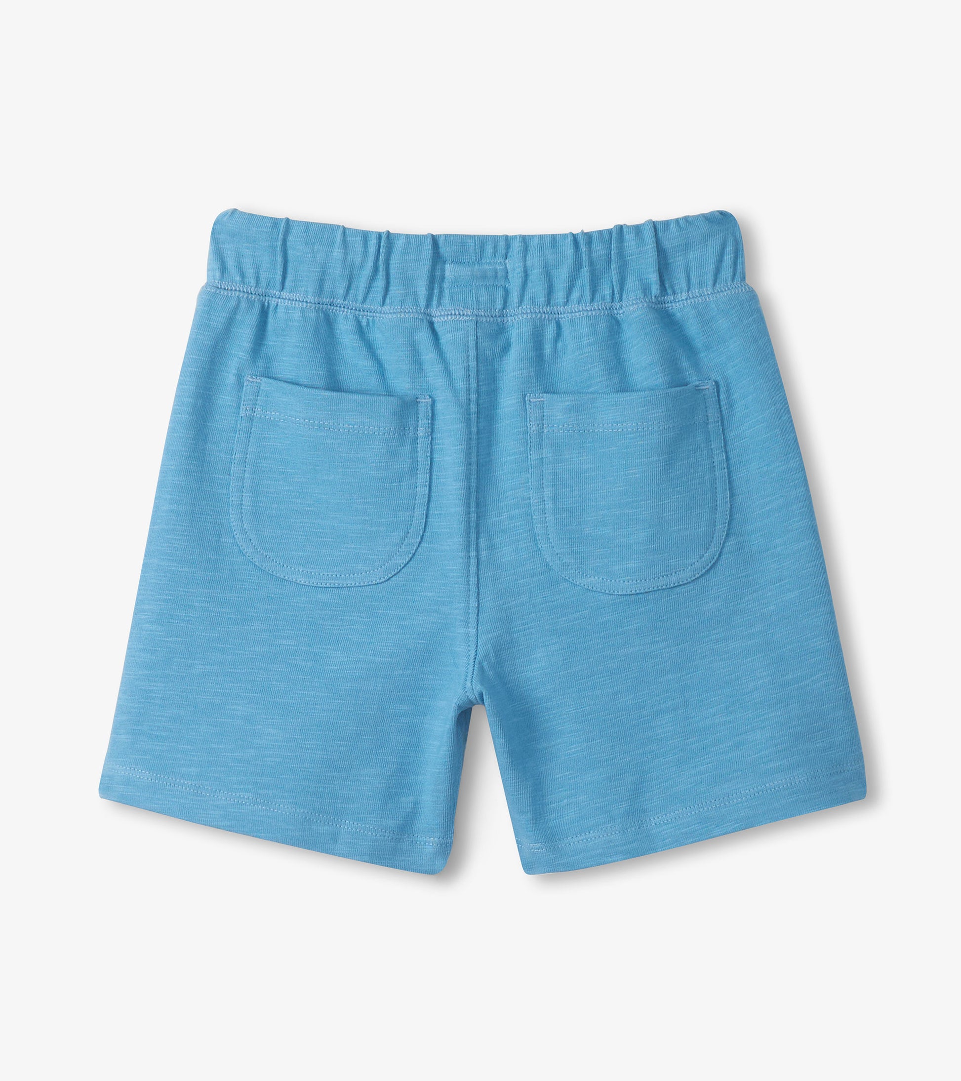 Light blue boys' shorts with elastic waistband and back patch pockets, front view