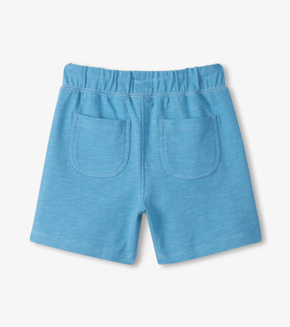 Light blue boys' shorts with elastic waistband and back patch pockets, front view