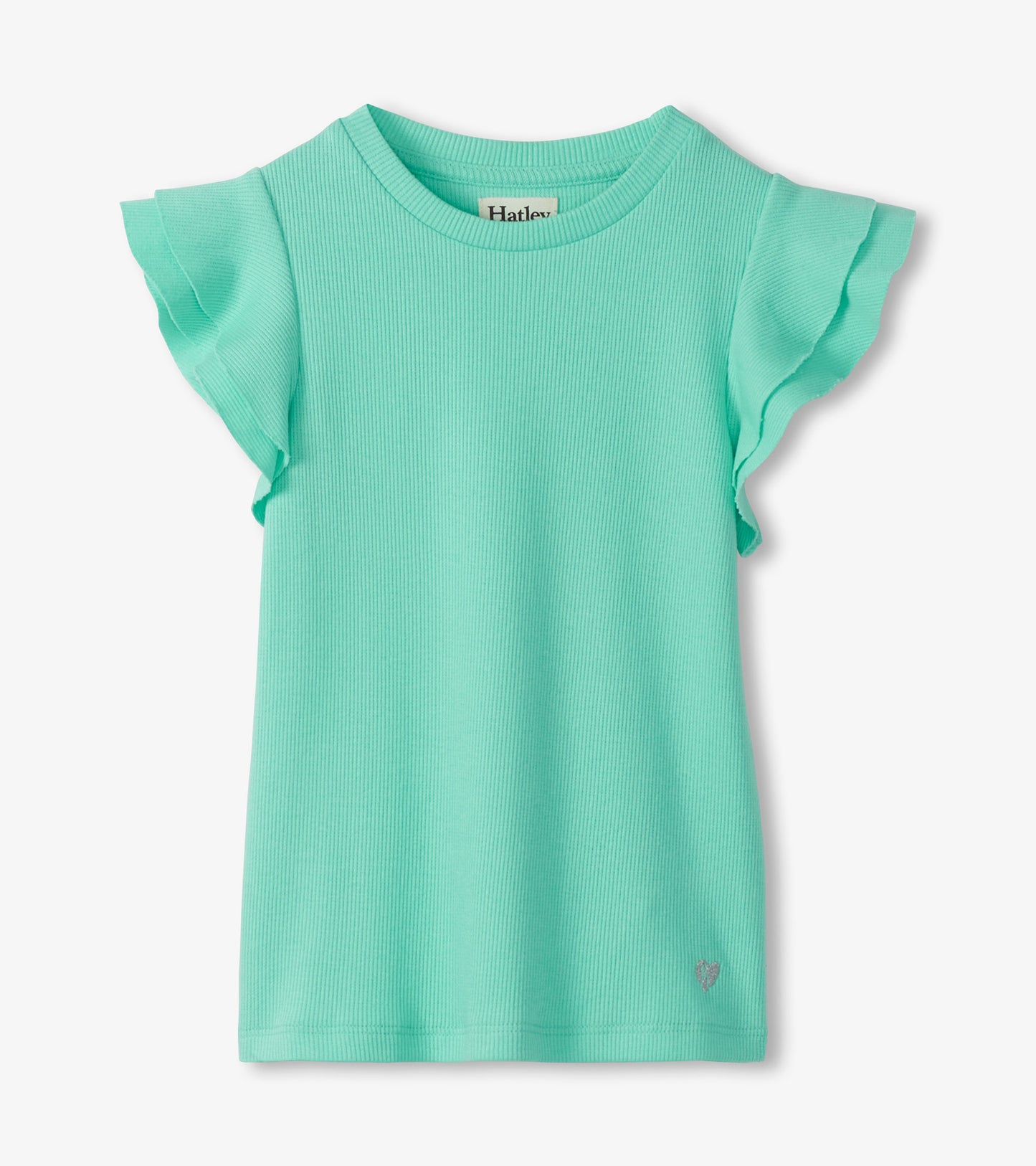 Mint green ribbed girls tank top with ruffle sleeves, front view