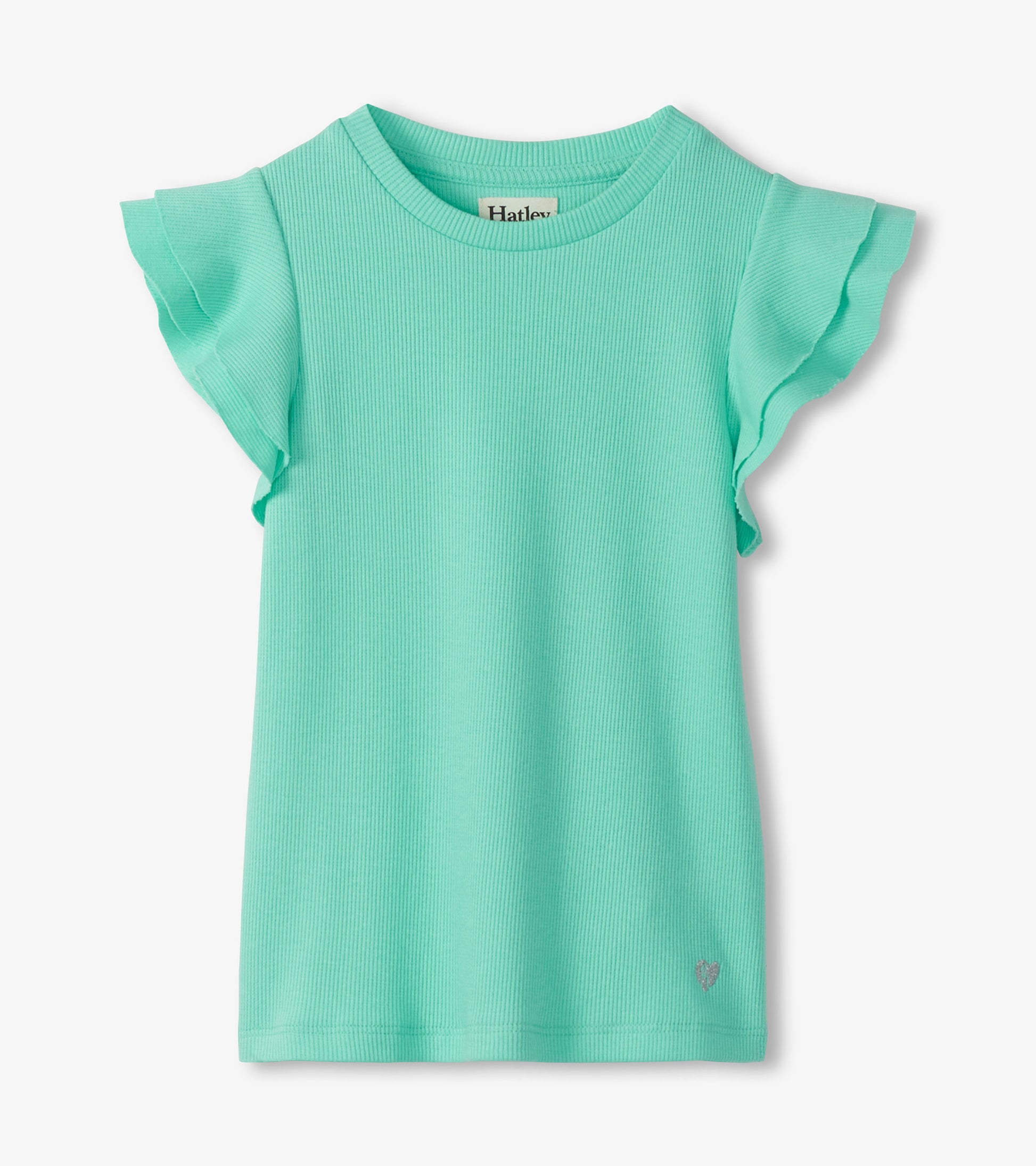 Mint green ribbed girls tank top with ruffle sleeves, front view