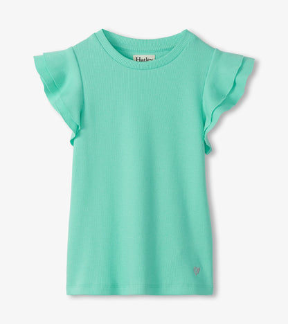 Mint green ribbed girls tank top with ruffle sleeves, front view