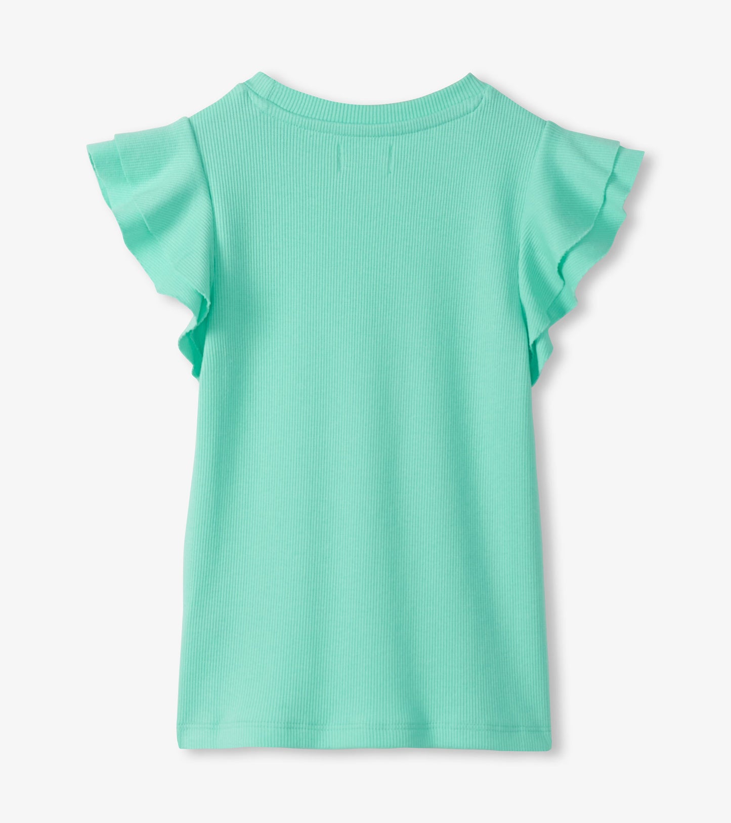 Mint green ribbed girls tank top with ruffle sleeves, front view