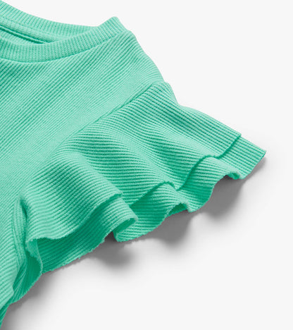 Mint green ribbed knit tank top with ruffled sleeves, close-up detail view
