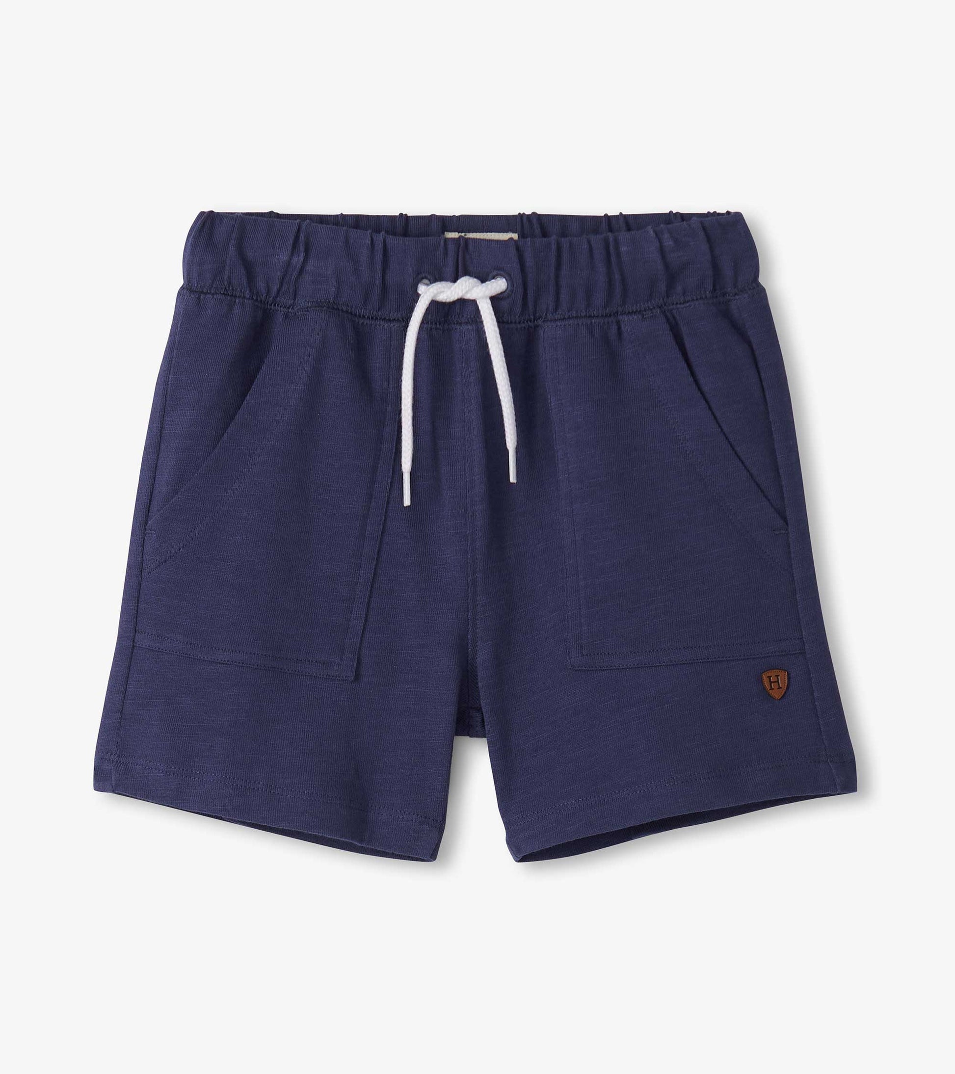 Navy blue boys' relaxed shorts with elastic waistband, white drawstring, and front pockets, front view