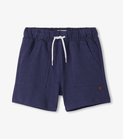 Navy blue boys' relaxed shorts with elastic waistband, white drawstring, and front pockets, front view