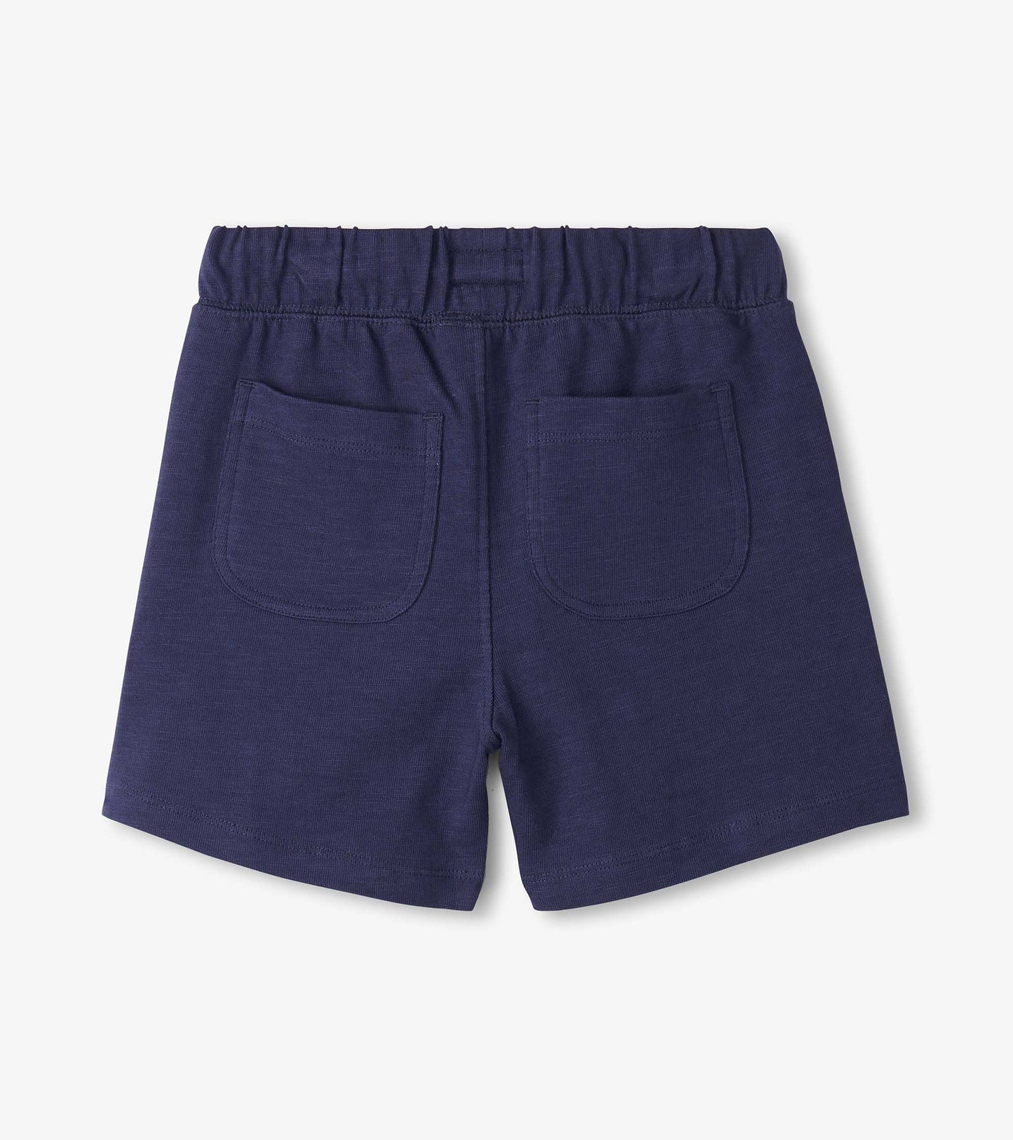 Navy blue boys' relaxed shorts with elastic waistband and back patch pockets, back view
