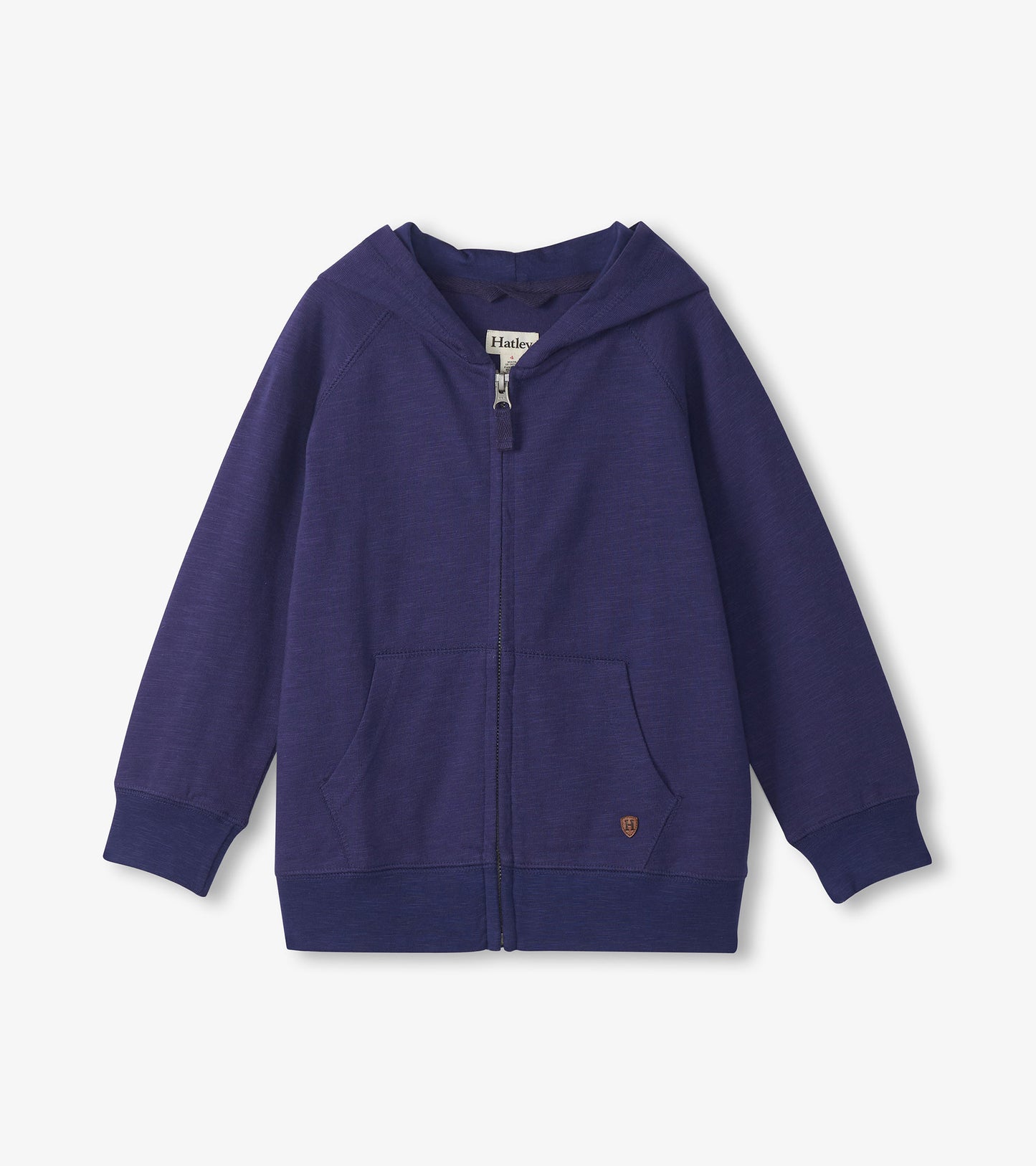 Navy blue boys' full-zip hoodie with hood, long sleeves, and front pockets, shown front view.