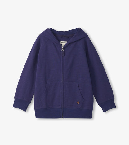 Navy blue boys' full-zip hoodie with hood, long sleeves, and front pockets, shown front view.