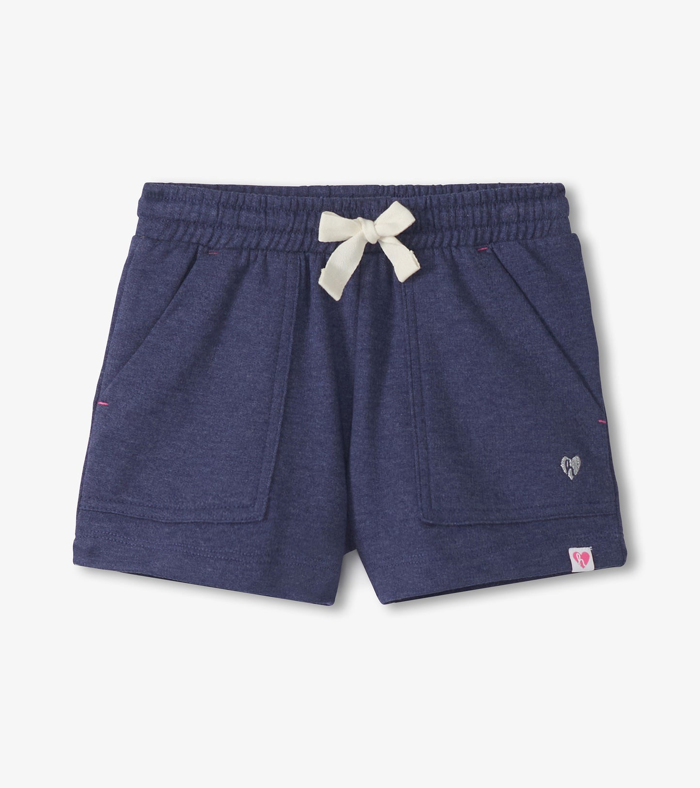 Girls navy blue shorts with elastic waist, white drawstring, and front pockets