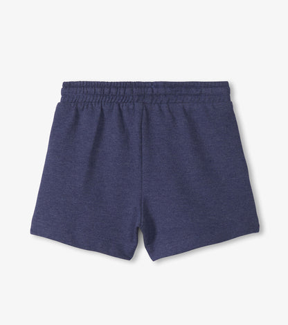 Navy blue girls' shorts with elastic waistband, front view