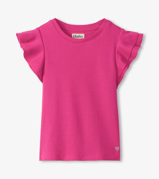 Pink ribbed girls tank top with ruffle sleeves, front view