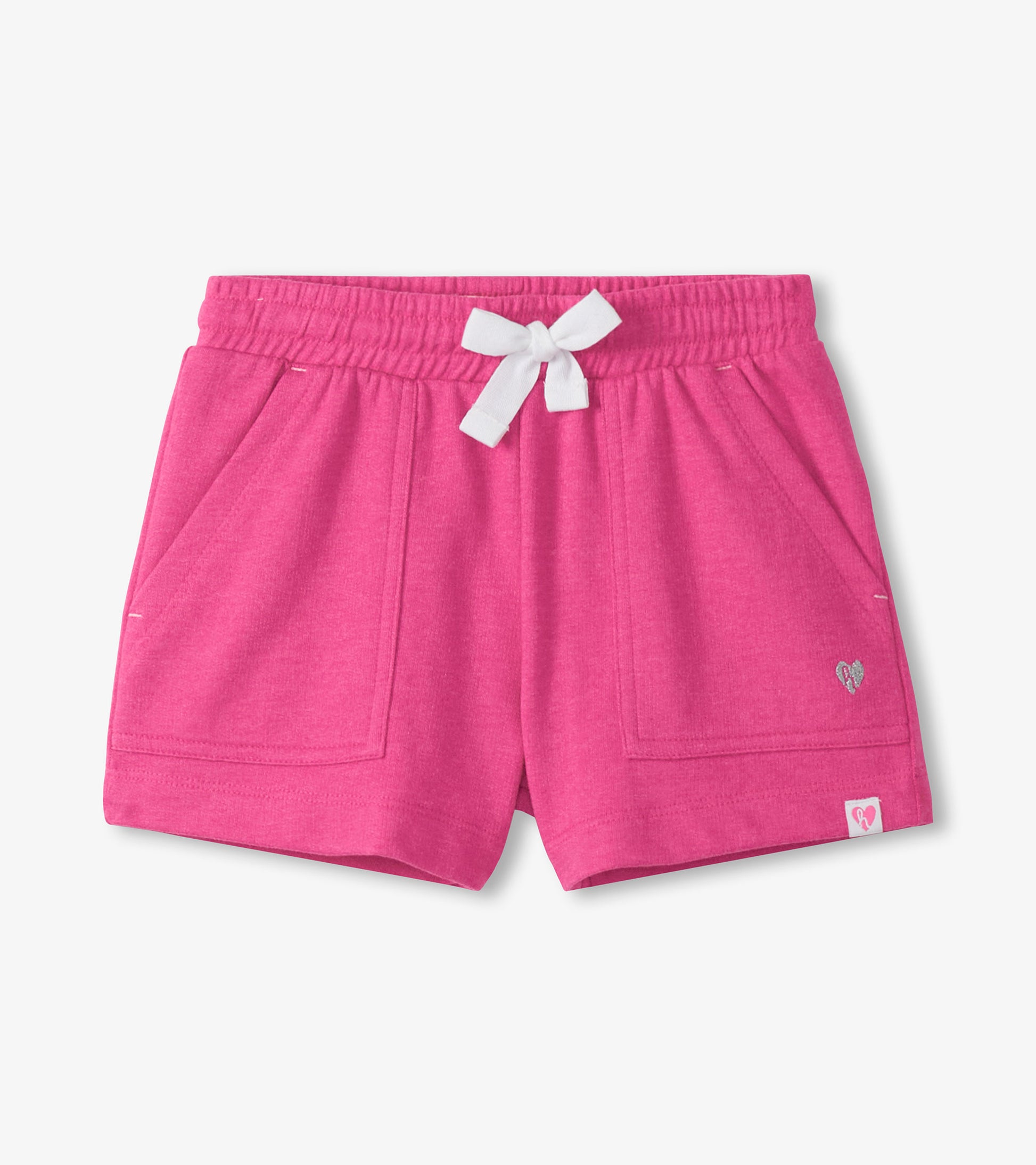 Pink girls shorts with elastic waistband, white drawstring bow, and front pockets, front view