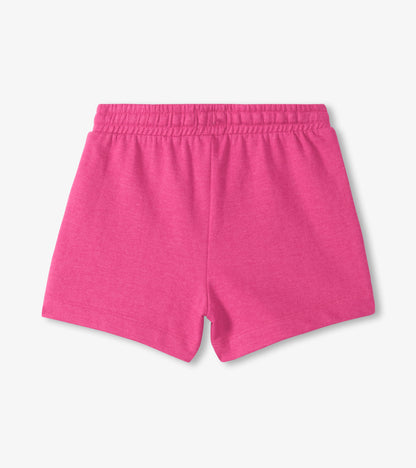 Pink girls’ knit shorts with elastic waistband, front view