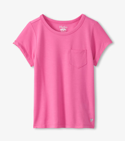 Pink girls’ short-sleeve T-shirt with chest pocket and small moon graphic near hem, front view