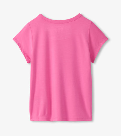 Pink short-sleeve girls T-shirt with a crew neck, shown from the back