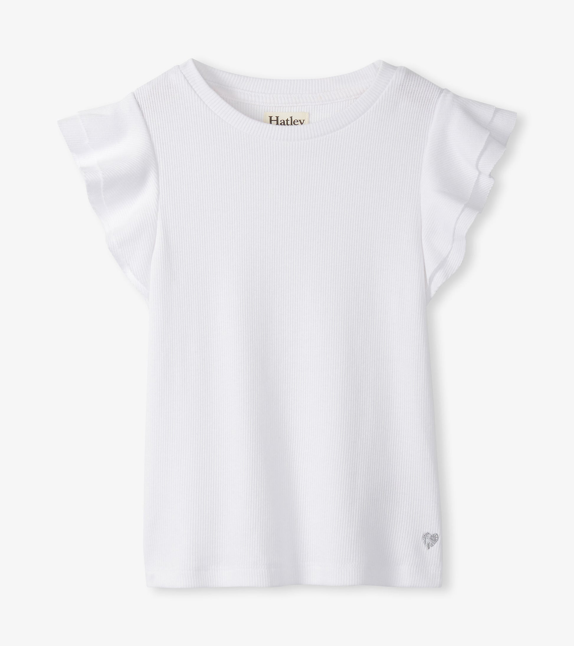 White ribbed girls tank top with ruffle sleeves and small heart detail, front view